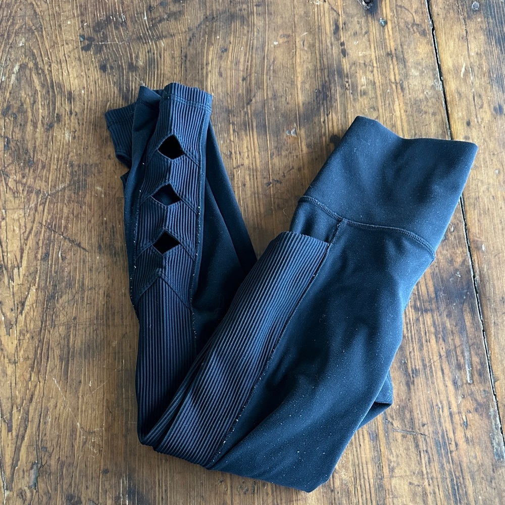 Athleta Black High-Rise Leggings with Ribbed Lattice Side Panels